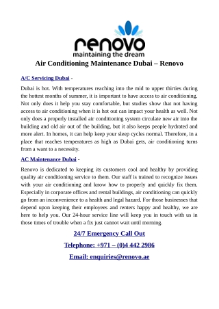 Air Conditioning Maintenance Dubai – Renovo