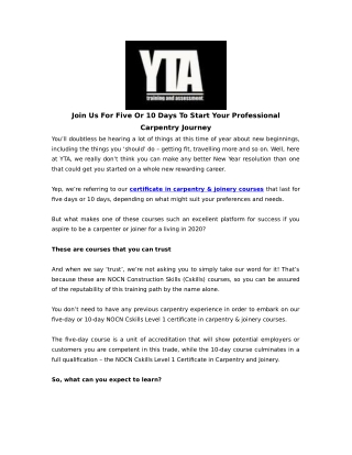 Join Us For Five Or 10 Days To Start Your ProfessionalCarpentry Journey