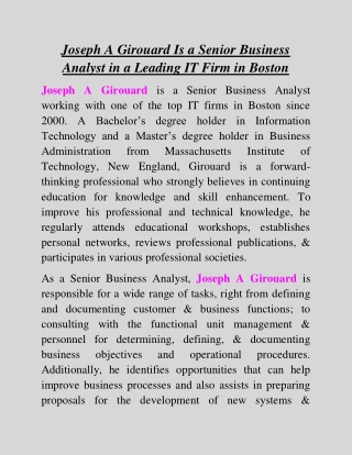 Joseph A Girouard Is a Senior Business Analyst in a Leading IT Firm in Boston  