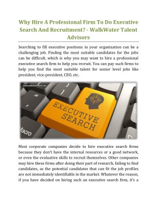 Why Hire A Professional Firm To Do Executive Search And Recruitment - WalkWater Talent Advisors