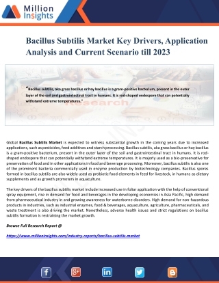 Bacillus Subtilis Market Key Drivers, Application Analysis and Current Scenario till 2023