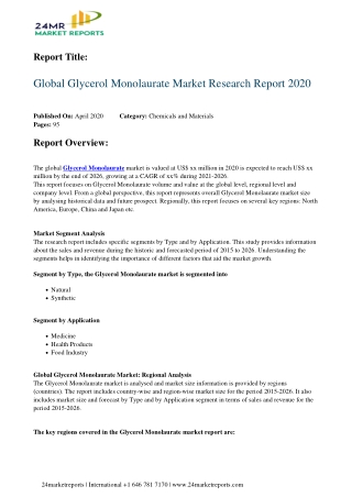 Glycerol Monolaurate Market Research Report 2020