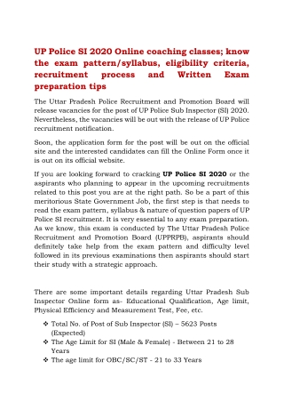 UP Police SI 2020 Online coaching classes; know the exam pattern/syllabus