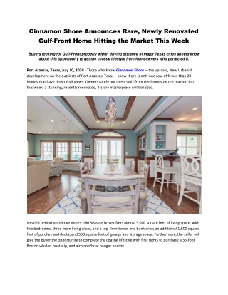 Cinnamon Shore Announces Rare, Newly Renovated Gulf-Front Home Hitting the Market This Week