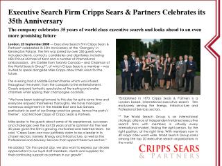 Executive Search Firm Cripps Sears & Partners Celebrates its 35th Anniversary