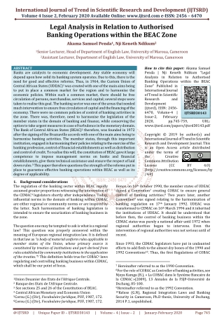 Legal Analysis in Relation to Authorised Banking Operations within the BEAC Zone