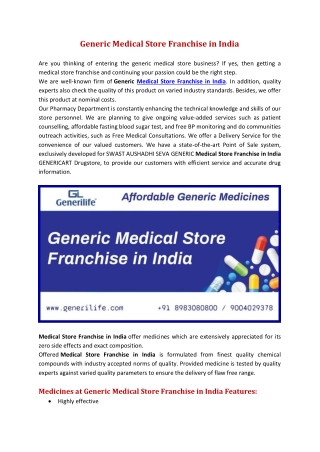 Generic Medical Store Franchise in India