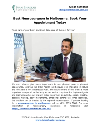 Best Neurosurgeon in Melbourne. Book Your Appointment Today