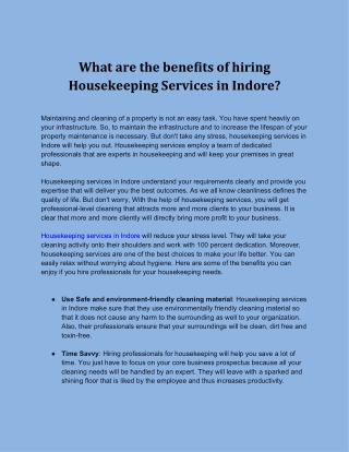 What are the benefits of hiring Housekeeping Services in Indore?