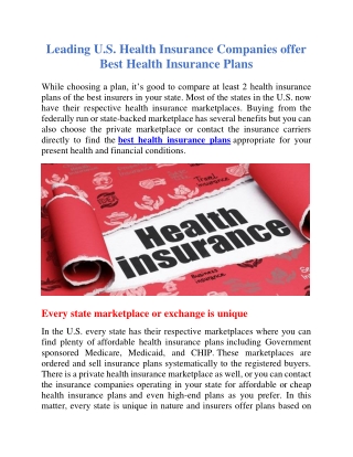 Leading U.S. Health Insurance Companies offer Best Health Insurance Plans