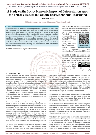 A Study on the Socio Economic Impact of Deforestation upon the Tribal Villagers in Galudih, East Singhbhum, Jharkhand