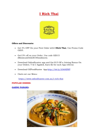 5% Off - I Rich Thai Drummoyne Restaurant Menu, NSW