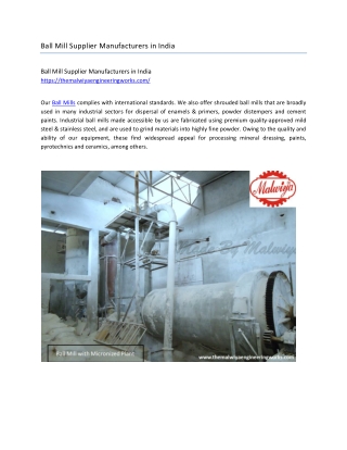 Ball Mill Supplier Manufacturers in India