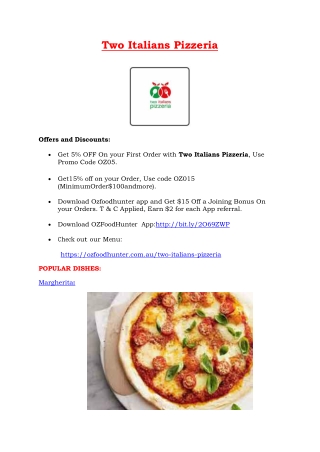 5% Off - Two Italians Pizzeria Menu in Sylvania NSW