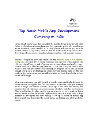 Top Notch Mobile App Development Company in India